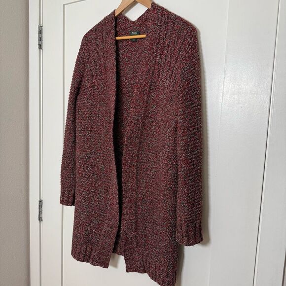 Roots Canada Long Cardigan Women Sz S Burgundy Chunky Knit Open Front Wool Blend - Picture 2 of 12